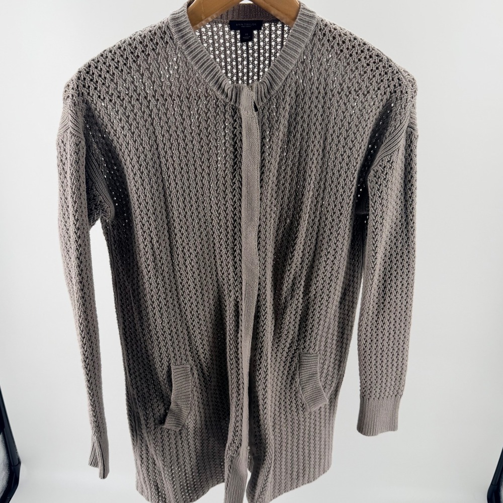 Ann Taylor Factory Womens Taupe Gray Zip Front Open Knit Cardigan Sweater- XS